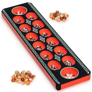 Yellow Mountain Imports Mancala Set With Wooden Lacquer Board And Quartz Pebble Playing Pieces, Gebeta