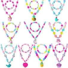 Pinksheep Jewelry Sets Beaded Necklace And Beads Bracelet For Kids Girls 10 Sets Unicorn Cat Bird Owl Necklace And Beads Little Favors Bags For Girls Princess Dress Up Pretend Play