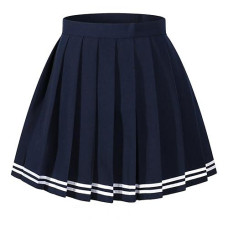 Beautifulfashionlife Women`S Versatile White Stripes Scottish Pleated Summer Skirts (S,Blue White Striple)
