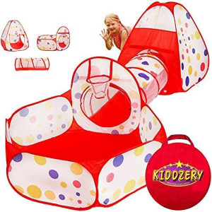 Kiddzery 3Pc Kids Play Tent Crawl Tunnel And Ball Pit With Basketball Hoop - Durable Pop Up Playhouse Tent For Boys, Girls, Babies, Toddlers & Pets - For Indoor And Outdoor Use, With Carrying Case