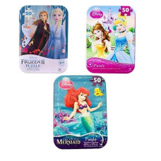 3 Collectible Girls Mini Jigsaw Puzzles In Travel Tin Cases: Disney Kids The Tree Princesses, The Little Mermaid, Frozen Gift Set Bundle (48/50 Pieces)