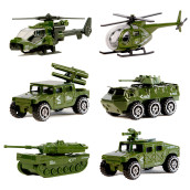 Nunkitoy Die-Cast Military Vehicles,6 Pack Assorted Alloy Metal Army Vehicle Models Car Toys,Mini Army Toy Tank,Jeep,Panzer,Anti-Air Vehicle,Helicopter Playset For Kids Toddlers Boys