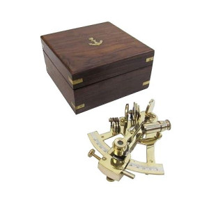 Nautical Metal Sextant With Inlay Wooden Box Gold And Brown
