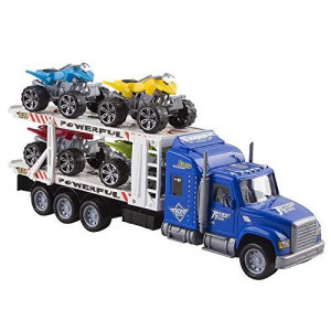 Vokodo Toy Semi Truck Trailer 15" Includes 4 Atvs Friction Carrier Hauler Kids Push And Go Big Rig Auto Transporter Vehicle Semi-Truck Car Pretend Play For Children Boys Girls Toddlers