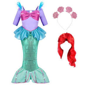 Spooktacular Creations Little Mermaid Costume For Girls, Deluxe Mermaid Costume Set With Red Wig And Headband For Girls Dress Up (Medium (8-10))