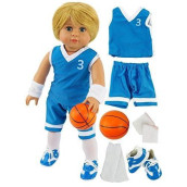American Fashion World Boy�S Blue Basketball Uniform For 18-Inch Dolls | Accessories Included | Premium Quality & Trendy Design | Dolls Clothes | Outfit Fashions For Dolls For Popular Brands