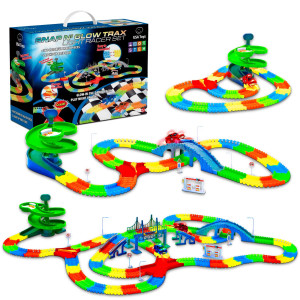Usa Toyz Glow Trax Race Tracks And Led Toy Cars - 360Pk Glow In The Dark Flexible Rainbow Race Track Set Stem Building Toys For Boys And Girls With Large Roundabout Ramp And 2 Led Toy Cars