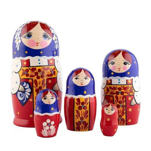 Heka Naturals Romashka Nesting Dolls | All Natural Wooden Matryoshka Doll Set Of 5 (7 Inch) - Traditional Babushka Home Decor, Wooden Stacking Dolls, Vintage Handmade Shape