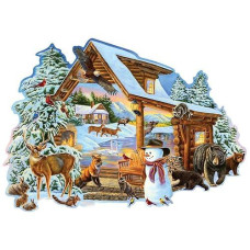 Bits And Pieces - 750 Piece Shaped Jigsaw Puzzle For Adults - Winter Cabin - 750 Pc Snowman Forest Animals Jigsaw By Artist Cory Carlson