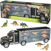Prextex 16" Dinosaur Truck Carrier Playset With 6 Mini Plastic Dinosaurs, Dinosaur Toy Trucks For Toddler Boys 3 To 5 Years Old