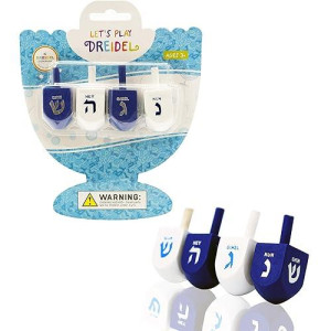 The Dreidel Company Bulk Solid Blue & White Wooden Hanukkah Dreidels, Hand Painted With English Transliteration- Includes Game Instruction Cards (4-Pack)