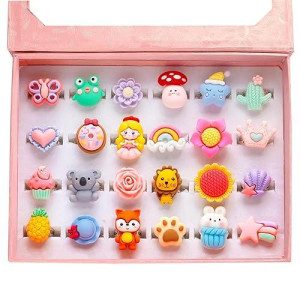 Pinksheep Little Girl Jewel Rings In Box, Adjustable, No Duplication, Girl Pretend Play And Dress Up Rings (24 Surface Ring)