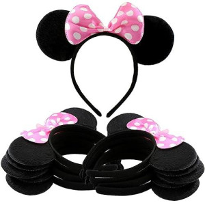 Cornucopia Brands Black Mouse Ear Headbands W/Pink Bows (12-Pack); Polka Dot Minnie Style Party Favors
