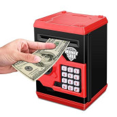 Renvdsa Electronic Password Piggy Bank Cash Coin Can Auto Scroll Paper Money Saving Box Toy For 6 7 8 9 10 11 12 Years Old Kids Gifts (Black Red)