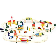 Conductor Carl Tcon-201 100-Piece Train Track Town Starter Set Bulk Value Wooden Set With 34 Track Pieces, 12 Cars & Trains, 15 People/Signs, & 39 Trees/Houses