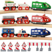 On Track USA Wooden Train Set Battery Operated Action Rescue Trains Includes 3 Magnetic Motorized Engines and 6 Cars, Compatible with Wooden Train Tracks from All Major Brands