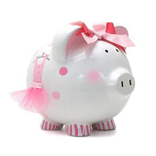 Child To Cherish Ceramic Piggy Bank For Girls, Posies And Polka Dots