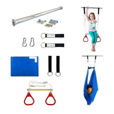 Dreamgym Doorway Sensory Swing Kit - Blue Compression Swing And Trapeze Bar With Red Gym Rings Combo