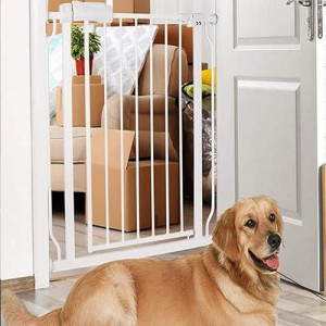 Allaibb Extra Wide Pressure Mount Baby Gate Auto Close White Metal Child Dog Pet Safety Gates With Walk Through For Stairs,Doorways,Kitchen And Living Room 62.2-66.9 In (33.86-38.58"/86-98Cm)