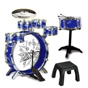 12 Piece Kids Jazz Drum Set - 6 Drums, Cymbal, Chair, Kick Pedal, 2 Drumsticks, Stool. Ideal Gift Toy For Kids, Boys & Girls