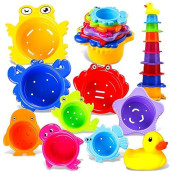 Small Fish Stacking Cups Bath Toys For Toddlers, Rainbow Bath Cups For Baby 1-3 Years Old, Safe Infant Nesting Cups With Rubber Duckie For Fun Bath Time, Birthday Stocking Stuffers