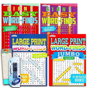 Word Find Puzzle Books For Adults Seniors - Set Of 4 Jumbo Word Search Books With Large Print (Over 380 Pages Total With Bookmark)