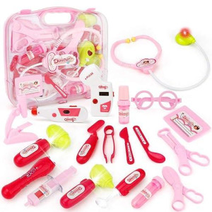 Joygrow Doctor Kit With Electronic Stethoscope 19 Pcs Pretend Play Medical Toys Set Pack In Pink Durable Gift Case Doctor Toys For Kids