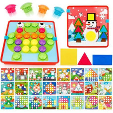 Joygrow 2 In 1 Button Art Color Matching Mosaic Pegboard Set Toddler Toys Color & Geometry Shape Cognition Skill Learning Educational Toys For Boys Girls (72 Pcs Buttons And 24 Templates )