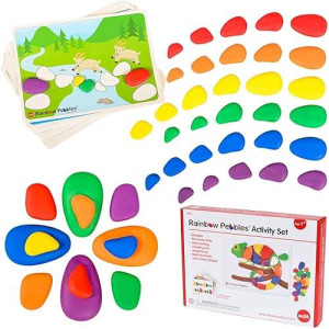 Rainbow Pebbles Activity Set - Sorting And Stacking Stones - Early Math Activity - 48 Pebbles And Fill-In Activity Cards