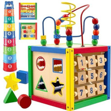Wooden Activity Play Cube 6 In-1 For Baby With Removable Bead Maze, Shape Sorter, Abacus Counting Beads & Numbers, Sliding Shapes, 8Pcs Stacking Cups - Play22