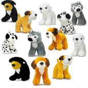 4E'S Novelty Plush Dogs Animals (12 Pack) Assorted Stuffed Puppies - 5 Inches, Small Plushed Animals, 6 Designs - For Birthday Party Favors Gifts For Kids