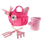 Hey! Play! Kid�S Garden Tool Set With Child Safe Shovel, Rake, Fork, Gloves, Watering Can And Canvas Tote- Mini Gardening Kit For Boys And Girls , Pink 4 X 7 X 6 Inches