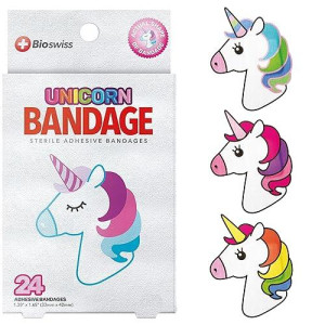 Bioswiss Unicorn Shaped Bandages First Aid Latex Free Adhesive Bandage For Kids And Adults, 24 Pack
