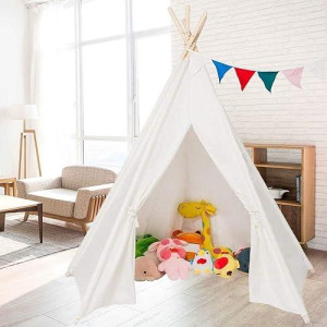 Joymor Upgraded Foldable 100% Cotton Canvas 6' Indoor Teepee Tent Indian Playhouse For Kids Play With Banner,Carry Bag,Window,Pocket (White With 5 Poles)