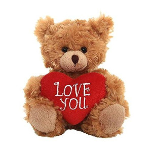 Plushland Stuffed Mocha Heart Bear - Love You- Plush Bear Toy For Kids & Adults - Embroidered Heart Pillow - Brown-6 Inches