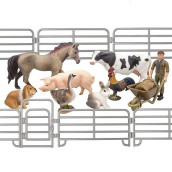 Toymany Solid Realistic 14Pcs Farm Animal Figures Set With Fence, Farm Animals Playset Includes Farmer Horse Cow Pig Hen Duck Rabbits, Birthday Christmas Toy Gift For Kids Toddlers Children