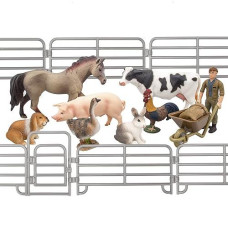 Toymany Solid Realistic 14Pcs Farm Animal Figures Set With Fence, Farm Animals Playset Includes Farmer Horse Cow Pig Hen Duck Rabbits, Birthday Christmas Toy Gift For Kids Toddlers Children