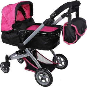 Mommy & Me Foldable Deluxe Toy Baby Doll Stroller With Swiveling Wheels, Adjustable Handle, Convertible Seat, Bassinet, And Diaper Bag