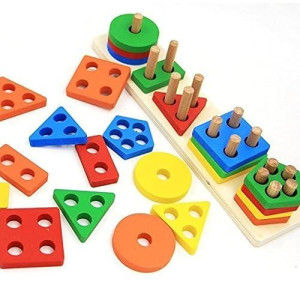 Revanak Montessori Toys For 18+ Months Old Toddlers Wooden Sorting And Stacking Toys For Baby Boys And Girls - Shape Sorter And Color Stacker Preschool Kids Wood Gifts