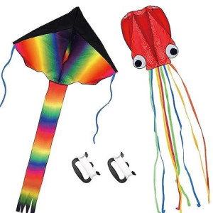 2 Pack Kites - Large Rainbow Kite And Red Mollusc Octopus With Long Colorful Tail For Children Outdoor Game,Activities,Beach Trip Great Gift To Kids Childhood Precious Memories