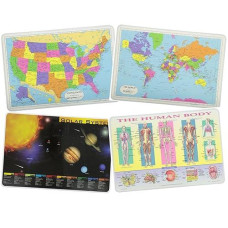Painless Learning Educational Placemats?For Kids Usa And World Maps, Solar System, The Human Body Laminated Washable Reversible Activities Set Of 4