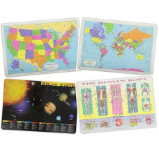 Painless Learning Educational Placemats For Kids Usa And World Maps, Solar System, The Human Body Laminated Washable Reversible Activities Set Of 4
