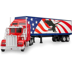 Wheel Master Kenworth W900 Play Toy Tractor Trailer Truck For Kids 1/43 Die Cast Scale, Usa Flag And Eagle Design, With Functions, Pre Built, Realistic Look And Openable Doors
