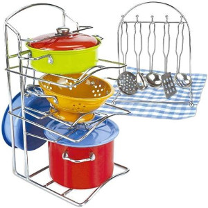 Liberty Imports 14 Pcs Kids Stainless Steel Toy Pots And Pans With Pot Rack Organizer, Pretend Play Kitchen Accessories Set - Metal Cookware Playset For Toddlers