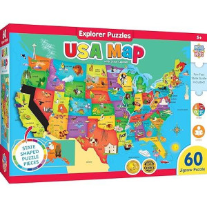 Masterpieces 60 Piece Educational Jigsaw Puzzle For Kids - Usa Map State Shaped - 16.5X12.75