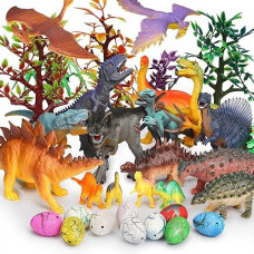 Jamber Dinosaur Toys 34 Pack Realistic Dinosaur Action Figures Jungle Animal Figures Toys For Kids Dino Toys For Toddlers Boys As Party Favors Including 10Pcs Dinosaur Eggs 7Pcs Artificial Trees