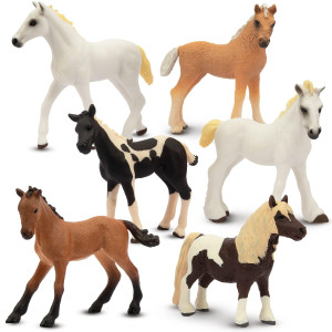Toymany 6Pcs 3-4 Realistic Horse Pony Figurines Set, Detailed Textures Foal Plastic Animal Figures Toy, Christmas Birthday Gift Cake Topper For Kids Toddlers Children