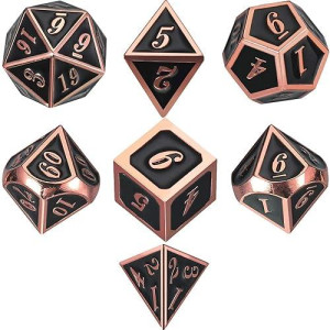 Tecunite 7 Die Metal Polyhedral Dice Set Role Playing Game Dice Set With Storage Bag For Rpg Dungeons And Dragons D&D Math Teaching (Shiny Copper And Black)
