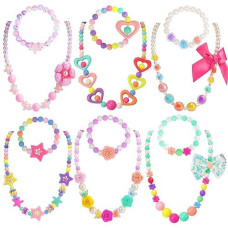 Pinksheep Kids Classic Jewelry, 6 Sets Of Beaded Necklaces And Bracelets For Girls, Favors Bags For Toddlers (Classic)