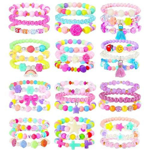 Pinkseep Beaded Bracelets For Kids- 12 Pack 36 Pc, Little Girl Plastic Bracelets, Flower Butterfly Pink Bracelet, Party Favor